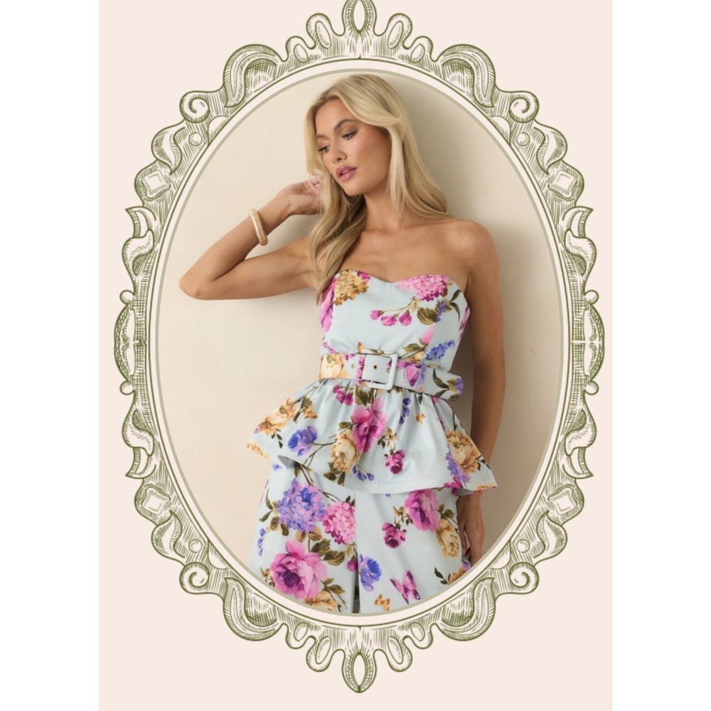 Prosperina Floral Peplum Strapless Top and Wide Leg Pants Set Blue Pink XS